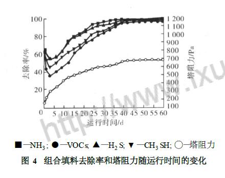  組合填料去除率和塔阻力隨運行時間的變化